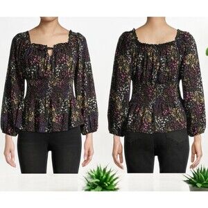 Dark Dainty Floral Smocked Peasant Top Size M Boho Cottagecore Dark Academia